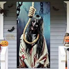 1pc Thrilling Rope Binding Ghost Dark Door Banner, Polyester Material, Suitable For Halloween, Day Of The Dead, Scripted Game Venue, Escape Room Set-Up, Store Decoration, Holiday Check-In, Courtyard Decoration, General Theme,Creepy,Spooky. - A - View 5