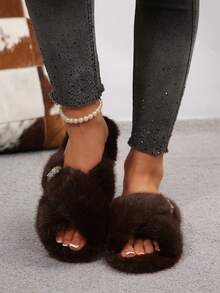 Crossed Fur Slippers With Rhinestone Buckle, Non-Slip Soft Sole, Home Slouchy Outdoor Slippers - Khaki - View 7