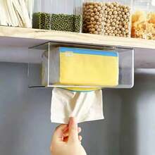 1/2pcs Fully Transparent Hanging Tissue Box Holder, No-Drill Wall-Mounted Paper Towel Rack For Cabinet Bottom, Kitchen Hand Towel Storage Box, Under-Cabinet Organizer For Large Tissue Packs, Space-Saving Countertop Storage For Kitchen And Bathroom, Minimalist Transparent Ins-Style Kitchen Storage Item, Open-Bottom Design For Easy Tissue Access Without Lid, Flat Back Adhesive For Wood And Tile Surfaces, Clear Box Body For Easy Viewing Of Remaining Tissues, Suitable For Home Kitchen And Bathroom Organization, Great As A Housewarming Gift - Multicolor - View 4