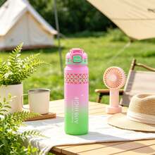 Gradient Frosted Sports Water Bottle, Push-Button Pop-Up Straw + Portable Strap, 1L Large Capacity Leak-Proof Travel Cup, Geometric Print Highly Attractive Water Bottle, Suitable For Outdoor Camping, Hiking, Office, Daily Use, 4 Gradient Colors Available - Multicolor - View 13