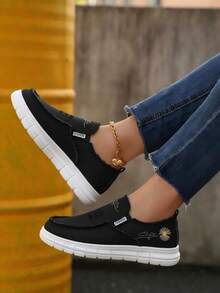 {One Size Larger Than Standard Order One Small}Women's Black Slip-On Casual Shoes With Tassels And Daisy Embroidery - Featuring A Comfortable EVA/PVCW - 黑色 - 查看 6