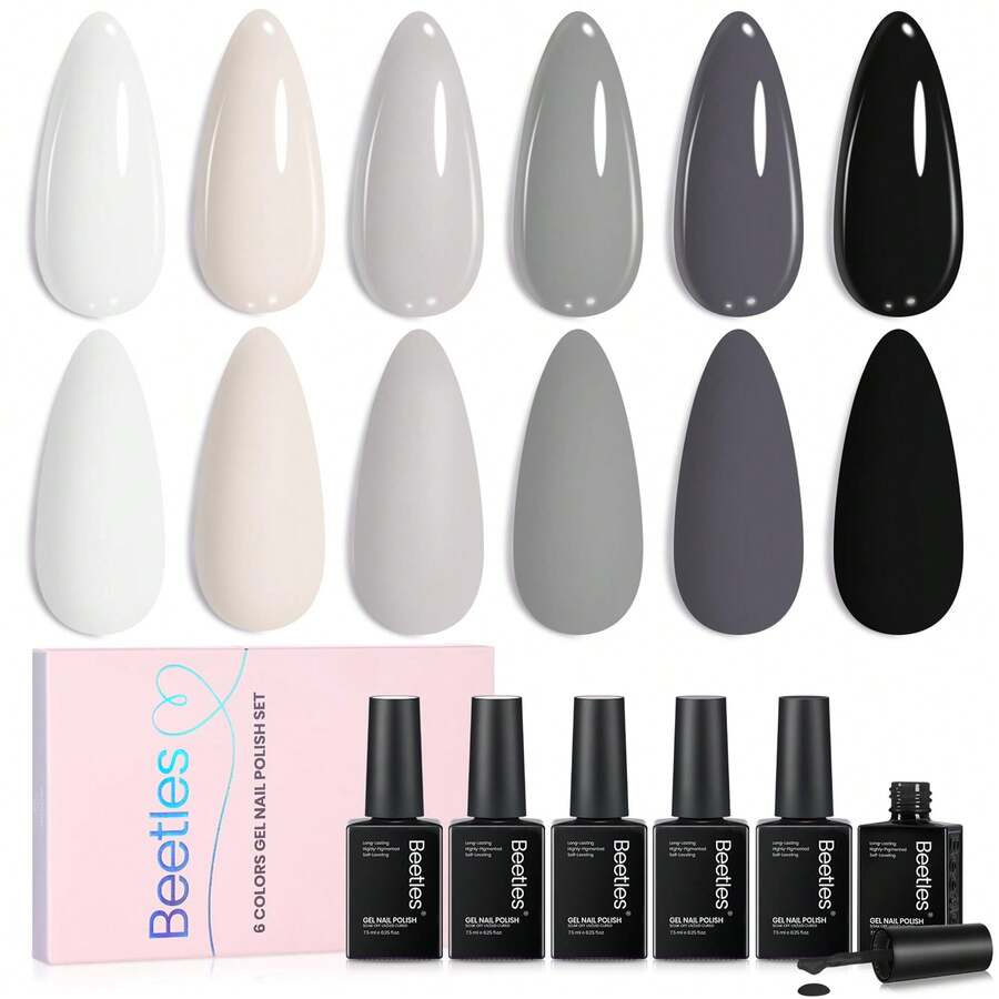 Beetles 6 Colors Soft Eclipse Grey Gel Nail Polish Set, White Black Beige Grey Milky Gel Polish Kit, Soak Off UV LED Nail Art Manicure - 6 Colors Soft Eclipse Grey - 查看 1