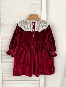 Girls' Red Lace Large Collar Ruffle Long Sleeve Dress, Spring/Autumn Christmas Holiday Dress - Burgundy - View 3