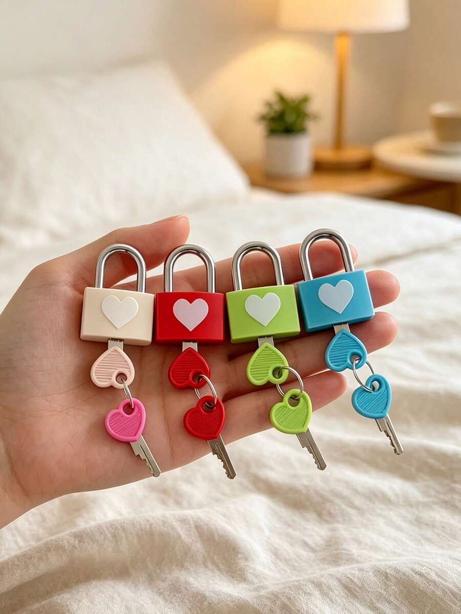 Metal Small Padlock With 2 Keys, Metal Lock With Heart Pattern, Small Padlock, Small Key Lock, No Assembly Required, Waterproof, Luggage Lock With Keys, Small Luggage Padlock, Metal Key Padlock, Suitable For Luggage, Pencil Case, Backpack, Travel Accessories, School Locker, Sports Locker, Fence, Toolbox, Suitable For Graduation Season, Back To School Season, Teacher's Day Gift, Birthday Gift - Multicolor - View 1