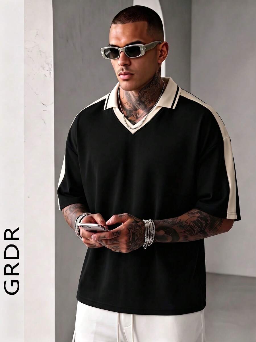 GRDR 男士夏季休闲短袖T恤,时尚简约纯色短袖,适合跑步和日常穿着 - 黑色 - 查看 1