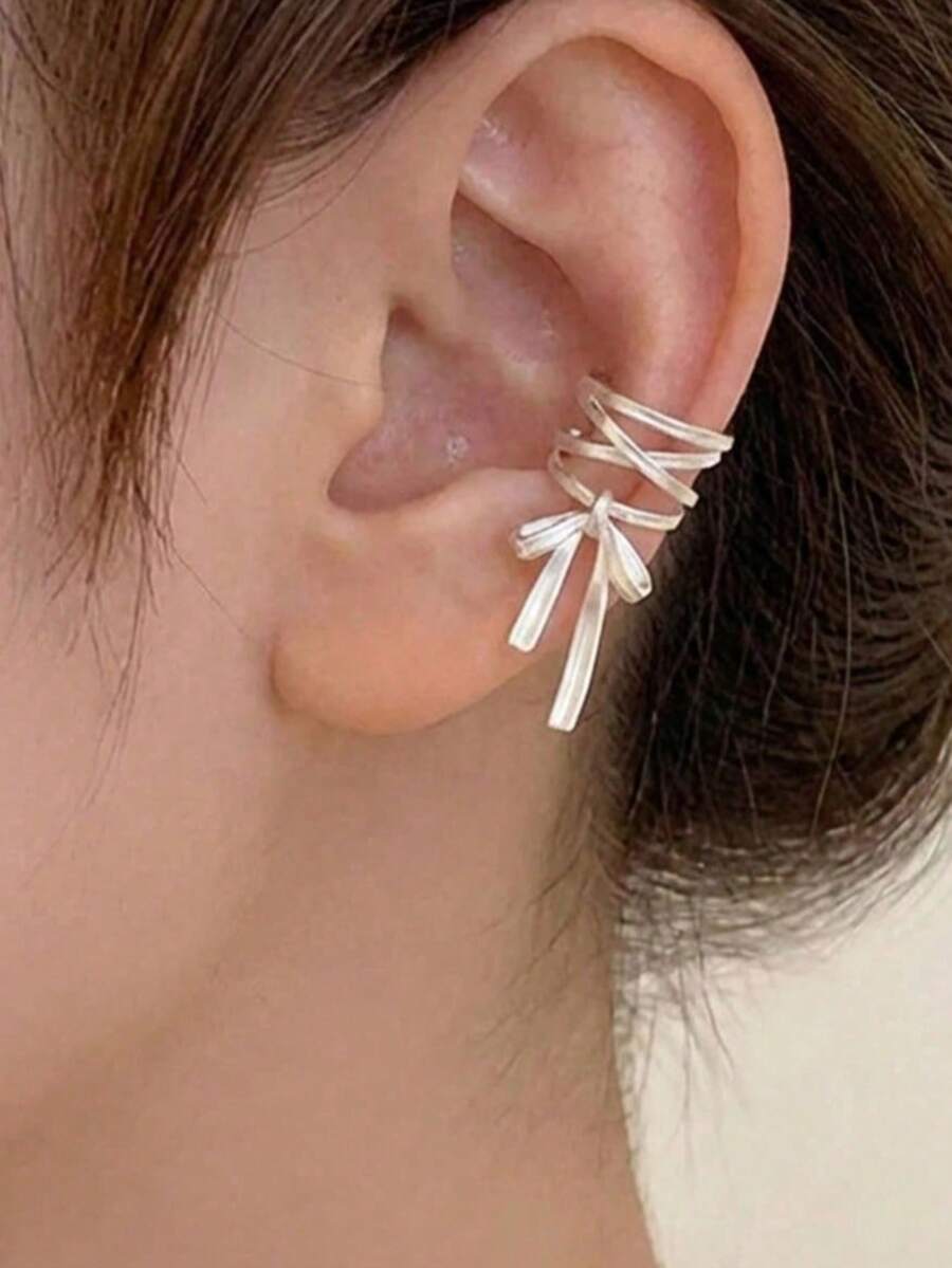 1 Pasang Anting Jepit Rambut Model Balet dengan Simpul Pita Warna Perak, Anting Tanpa Tindik, Aksesori Harian Wanita untuk Beraktivitas di Luar Rumah, Hadiah - Perak - View 1