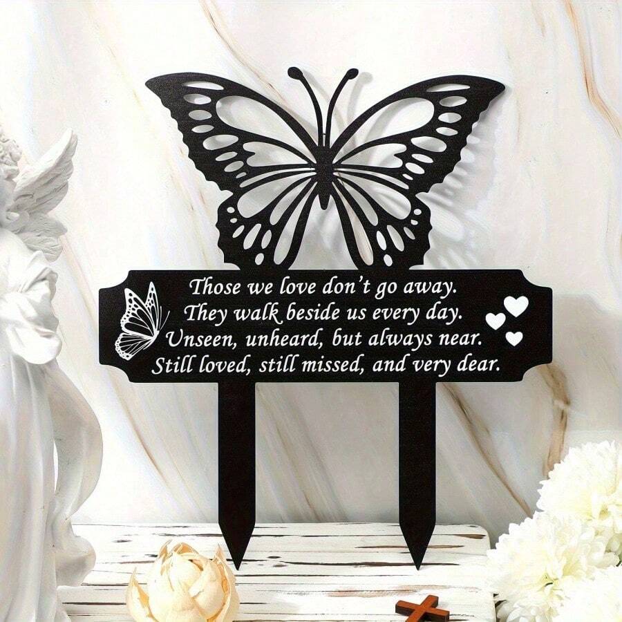 Letrero de tumba conmemorativo de mariposa plana 2D, decoración de jardín plana 2D de acrílico con cita inspiradora, marcador de cementerio clásico para exteriores, sin electricidad requerida, diseño en forma de corazón adecuado para Pascua, alas exquisitas - C - Ver 1