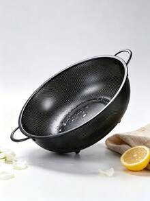 1pc Stainless Steel Black Fine Mesh Colander, Dual Handle Rice Washing Basket, Vegetable And Fruit Strainer, Stainless Steel Rice Sieve, Fine Mesh Design, Suitable For Washing Pasta, Vegetables, Rice, Fruit And Other Ingredients, Multi-Purpose Rice Washing And Vegetable Cleaning Basket, Kitchen Daily Essential, Kitchen Fruit Basket, Kitchen Must-Have, Christmas, Halloween Gift. - Black - View 8