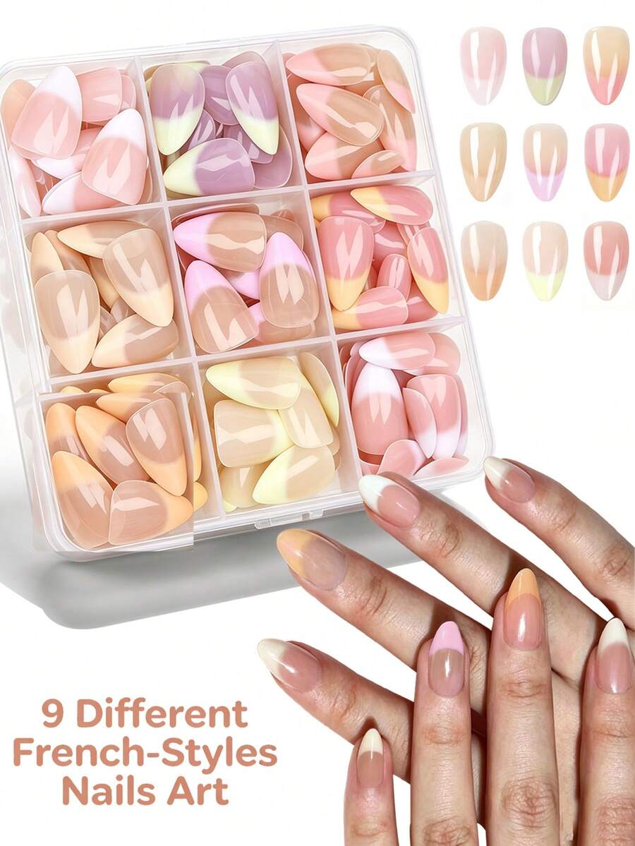216 pezzi Unghie finte adesive nude francesi a forma di mandorla corta, unghie artificiali in acrilico lucido riutilizzabili, adatte per il pendolarismo quotidiano e la manicure naturale di tutti i giorni, forniture per manicure fai-da-te da salone per donne