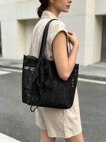 蕾丝女士手提包，女士新款休闲通勤大容量手提包单肩包 - 黑色 - 查看 3