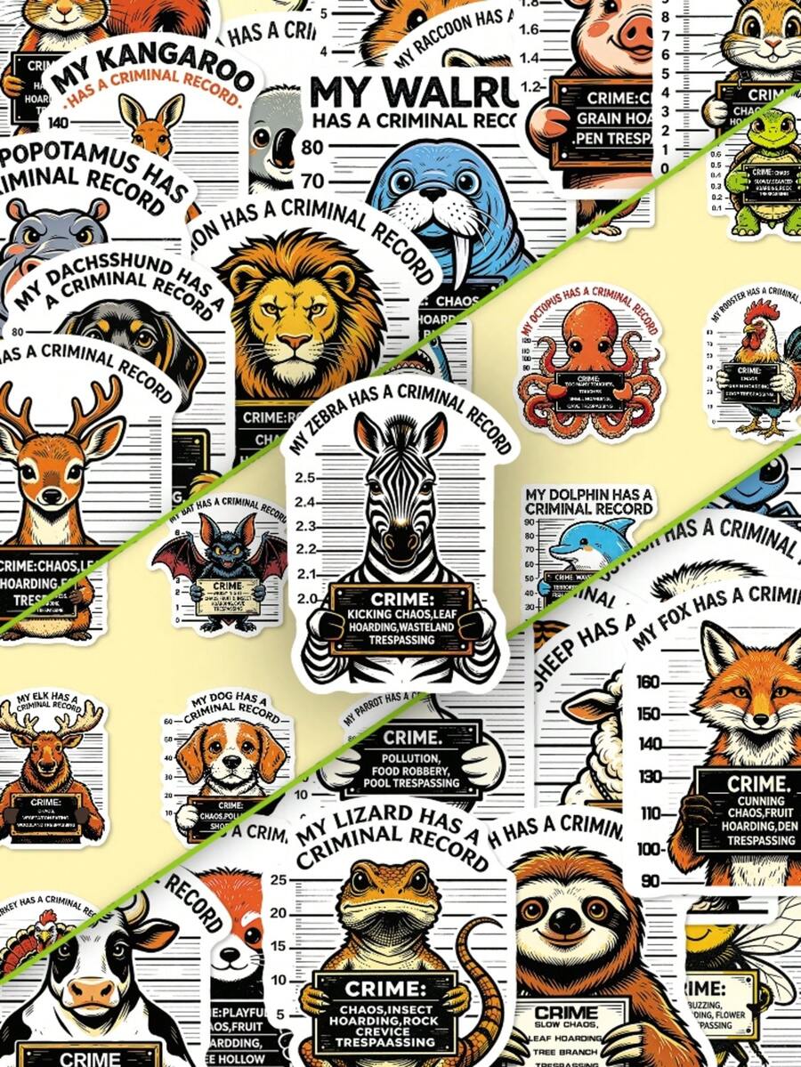 50張卡通原創手繪動物監獄大頭照塗鴉趣味擬人諷刺裝飾文具盒貼紙,開學第一天 - 彩色 - 查看 1