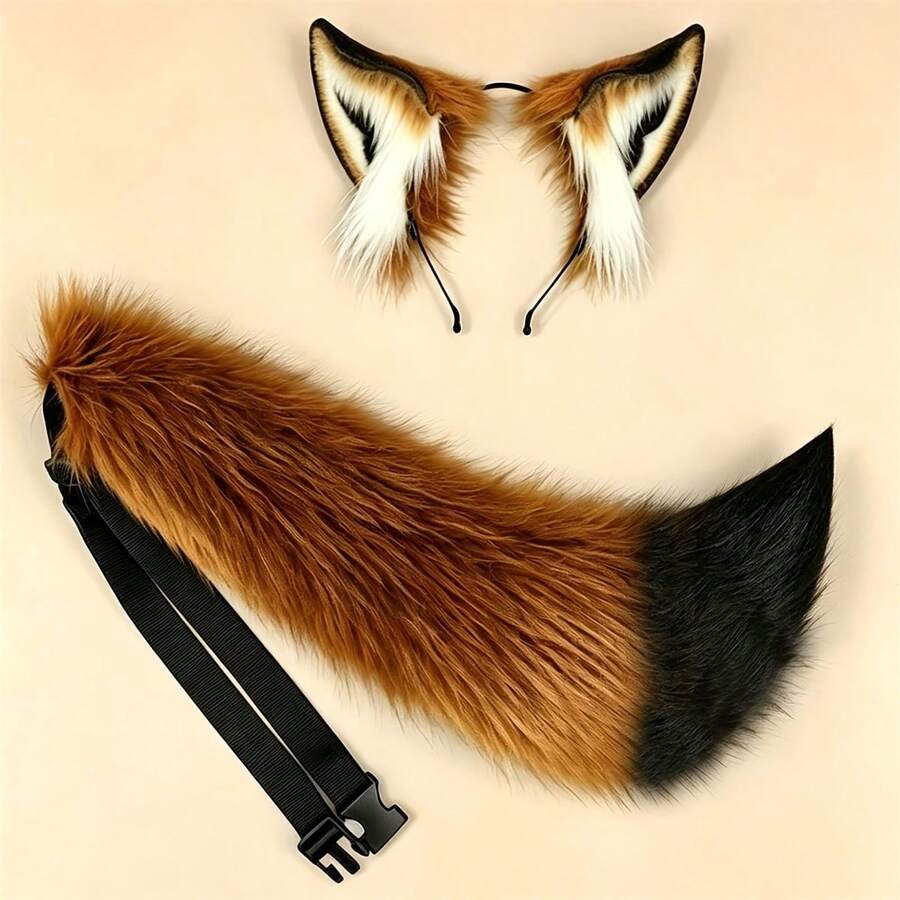 Party Stage Costume & Props Set, Nick Headband & Animal Tail, High-Quality Handmade Large Plush Realistic Red Fox, Adjustable Waistband, Cosplay Costume Accessories, Anime Carnival Halloween Costume Party Props - View 1