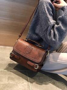 1pc Coffee Brown Vintage Fashion Colorblock Handbag With Flap And Zipper Closure, PU Fabric With Stitching And Buckle Strap, Long Shoulder Strap For Crossbody, Suitable For Daily Use And Commuting - Coffee Brown - View 2