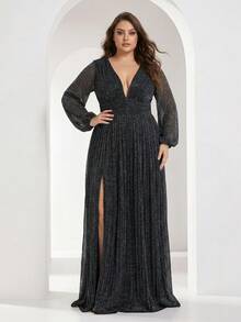 YISIKADO Plus Size Women's Deep V-Neck Lantern Sleeve Slit Sexy Party Evening Gown - Black - View 4