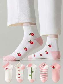 ZUJO 5 Pairs Women's Short Socks, Floral Cartoon Animal Pattern, Simple And Comfortable, Suitable For All Seasons - Multicolor - View 5