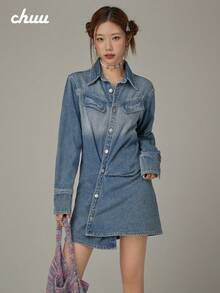 CHUU Single-Breasted Lapel Dress Women Autumn Asymmetrical Long Sleeve Chic Denim Mini Skirt - Blue - View 8