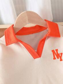Young Girl Letter Print Collared Long Sleeve Sweatshirt And Flare Pants Casual Set - Apricot - View 6