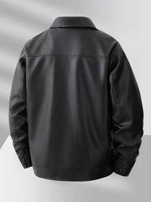 Men's Black PU Leather Jacket With Turn-Down Collar, Dual Zipper Chest Pockets, Short Length, Spring/Autumn Vintage Workwear Style Faux Leather Jacket, Casual Business Commute Top - Black - View 4