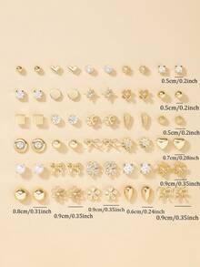 30 Pairs Women Metal Tree, Shell, Pearl, Heart Shaped Earrings Set, Gift - Yellow Gold - View 5