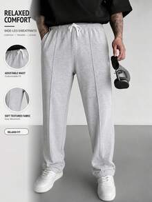 Men's Grey Loose Wide Leg Sweatpants, Casual Lounge Pants, Front Seam Design, Drawstring Waist, Side Pockets Sports Fall - Light Grey - View 8