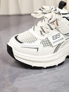 1 Pair White Mesh Breathable Chunky Sneakers For Young Students, Black Patchwork Fabric Thick Sole Height-Increasing Casual Sports Shoes, Non-Slip Lace-Up And Hook-And-Loop Closure, Suitable For Daily Casual, Outdoor Training, Travel, Vacation, Home, Party, Summer And Autumn New Style - Black and White - View 8