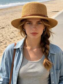 1pc Women's Straw Hat, Bohemian Polyester Fiber Fashion Outdoor New Style, Wide Brim Personalized Sun Protection Breathable Solid Color Straw Hat Suitable For Daily Outdoor Travel - Multicolor - View 2