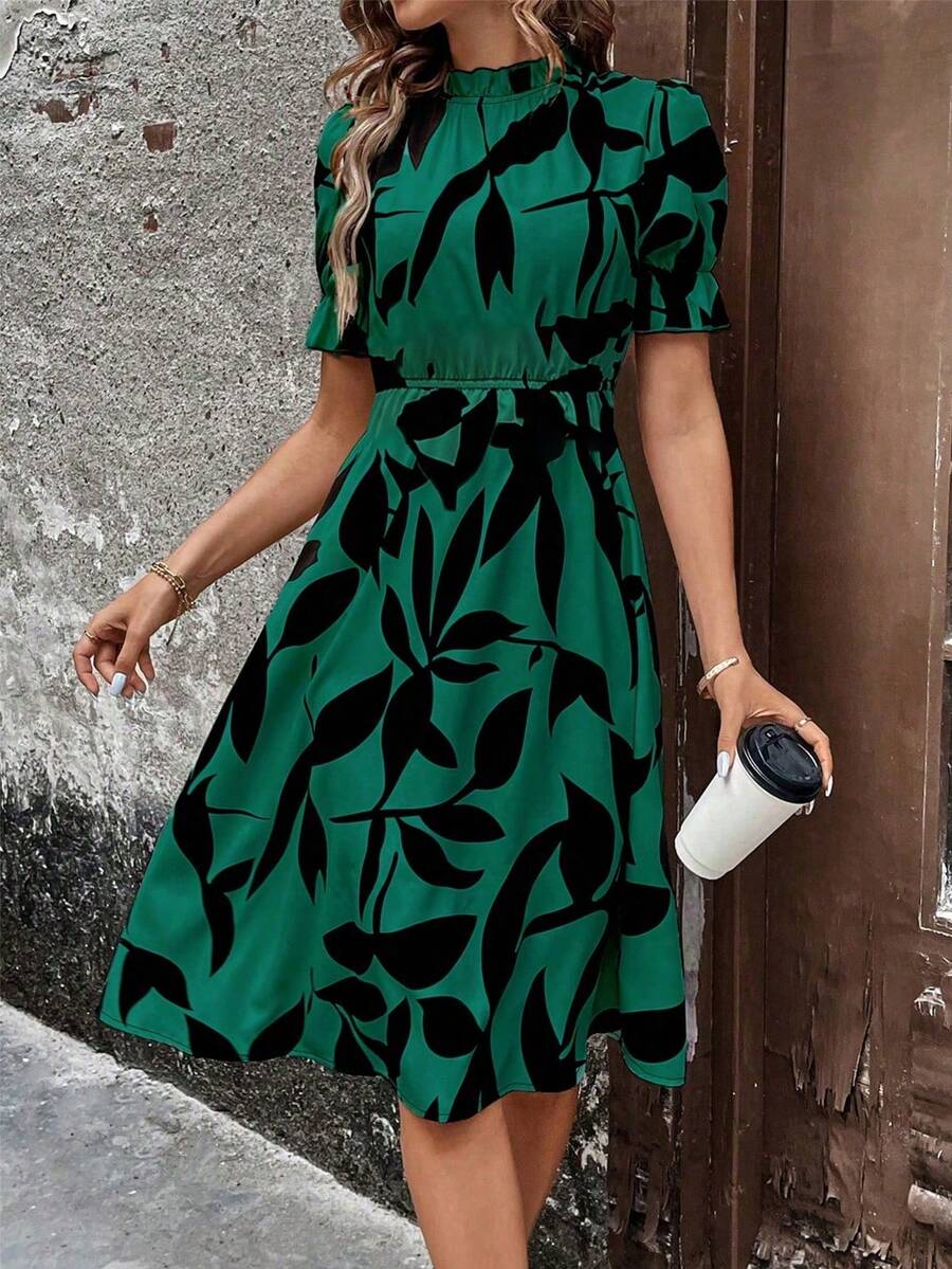 Women's Stand Collar Plant Printed Dress Maxi Women's Outfit - Green 2 - View 1