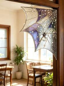 1 pieza Decoración de marco de puerta y ventana con telaraña y araña de Halloween, adorno colgante de acrílico con arañas falsas, cadenas y anillos, decoraciones perfectas de Halloween para la parte superior de puertas y ventanas - multicolor - Ver 1