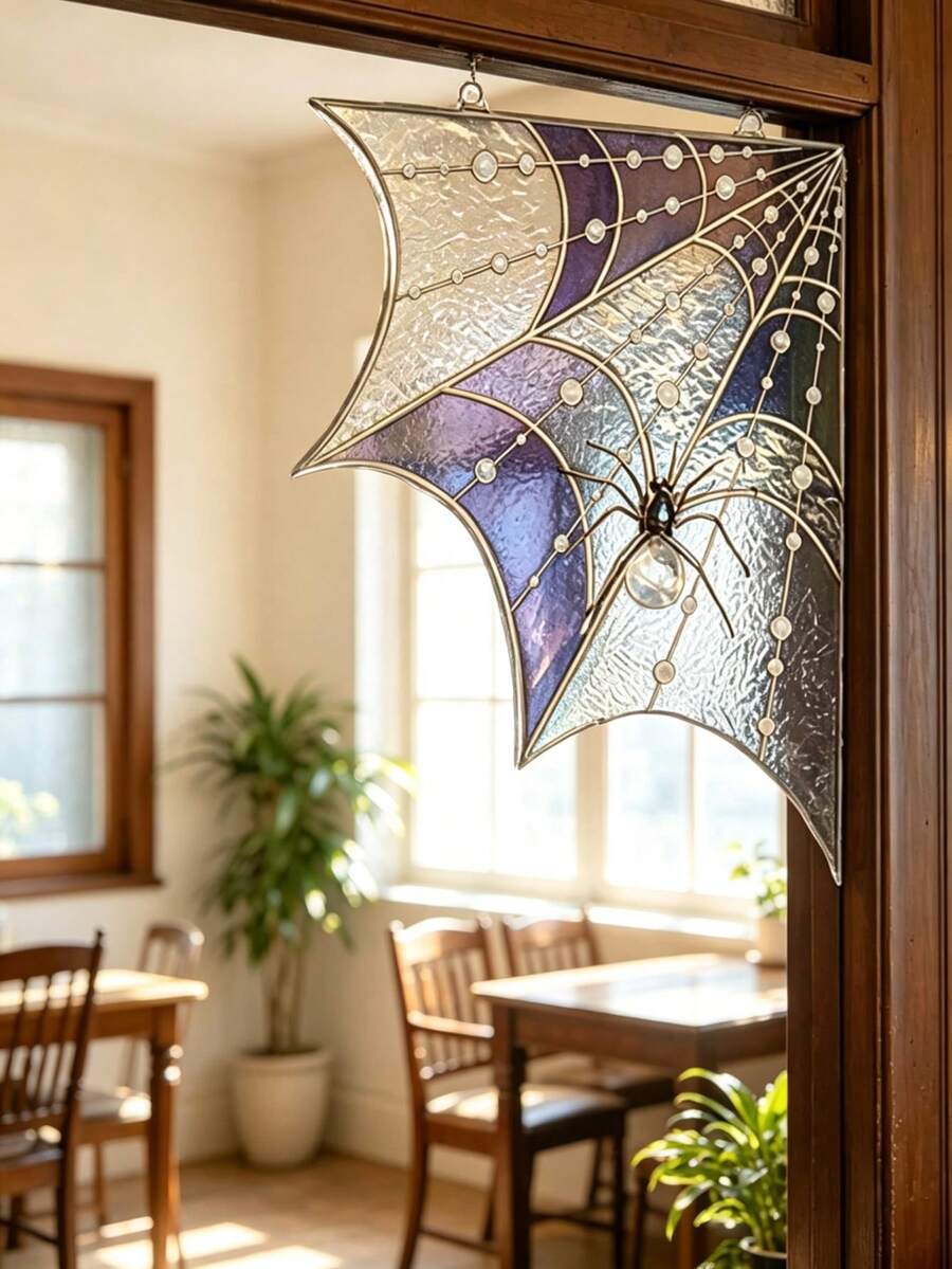 1 pieza Decoración de marco de puerta y ventana con telaraña y araña de Halloween, adorno colgante de acrílico con arañas falsas, cadenas y anillos, decoraciones perfectas de Halloween para la parte superior de puertas y ventanas - multicolor - Ver 1