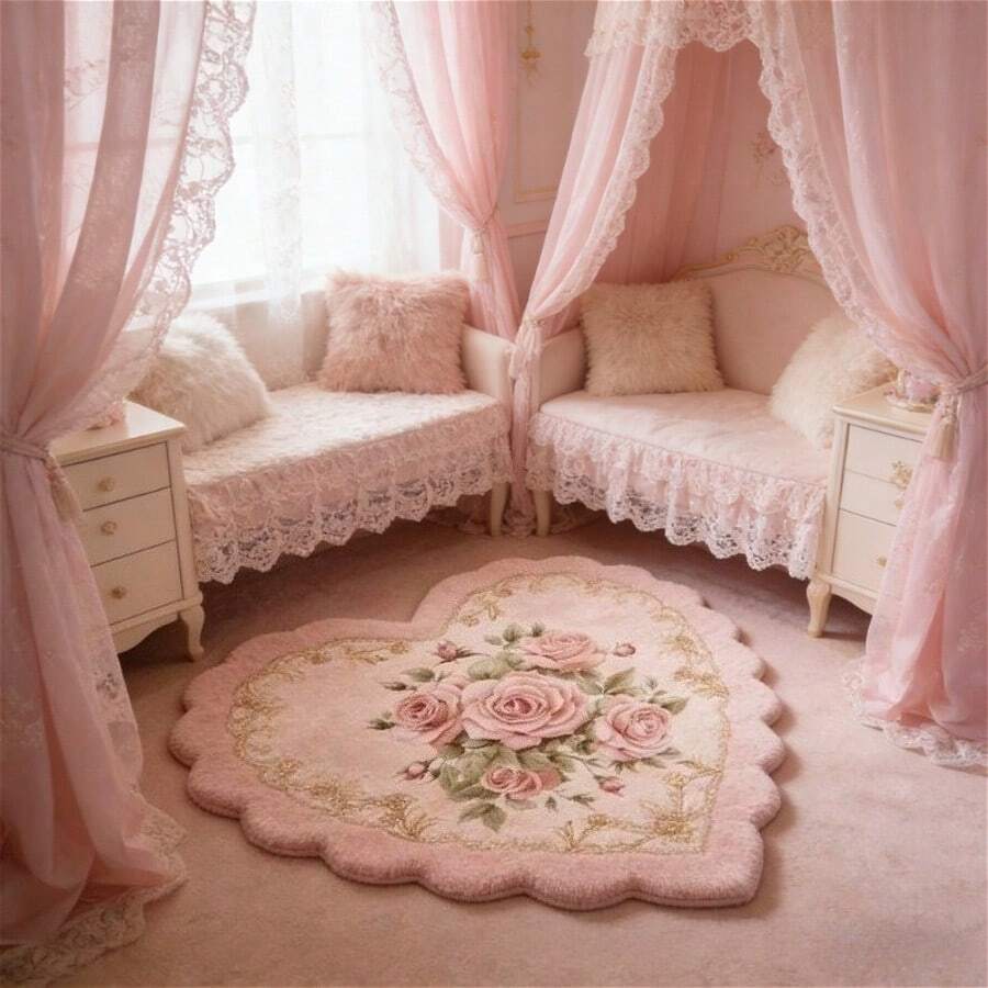 1pc Pink Rose Flower Decor Carpet, Asymmetrical Heart-Shaped Rug, Soft And Comfortable Carpet, Ins Style Rug, Novel And Fashion Design, Valentine's Day Home Decor, Sofa Seat Rug, Bedroom Decor, Small Rug, Modern Creative Fashion Carpet, Living Room Rug, Living Room Small Rug, Bedroom Rug, Outdoor Rug, Washable Carpet, Soft And Machine Washable, Suitable For Living Room, Office, Cafe And Balcony Decor, Gift For Family And Friends
