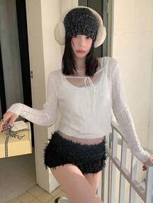 Sommer Einfarbig Rundhals Langarm Kordelzug Distressed Lässig Damen Pullover Strand Cover-Up - Weiss - Übersicht 2