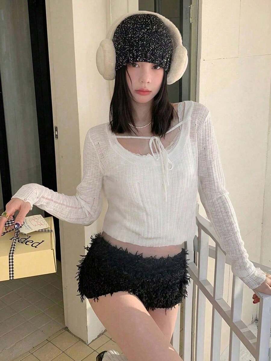 Sommer Einfarbig Rundhals Langarm Kordelzug Distressed Lässig Damen Pullover Strand Cover-Up