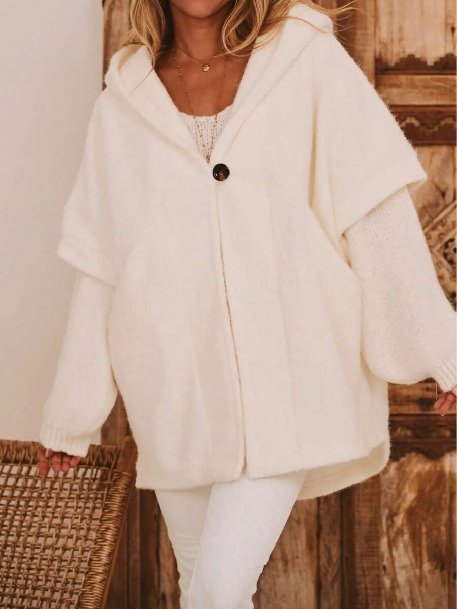 Women's White Hooded Long Sleeve Woven Jacket, Thigh Length, Ideal For Creating Comfortable Autumn/Winter Looks - White - View 1