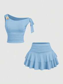 Conjunto de camiseta de tirantes y minifalda plisada y con volantes de estilo floral metálico bronce para mujer - Azul - Ver 1