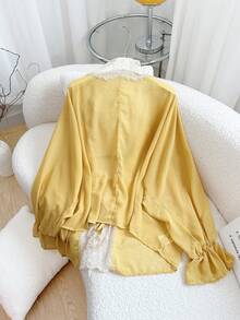 FGGG Women's Spring/Summer Light Yellow Deep V-Neck Lace Patchwork Lantern Sleeve Romantic Casual Commute Vacation Date Chiffon Cover Up - Yellow - View 5