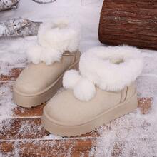 Novas Botas de Neve Femininas de Inverno, Botas de Tornozelo com Gola de Pele Fofa e Decoração de Pompom, Adequadas para Uso Diário, Botas Marrons para Mulheres - Bege - Visão 6
