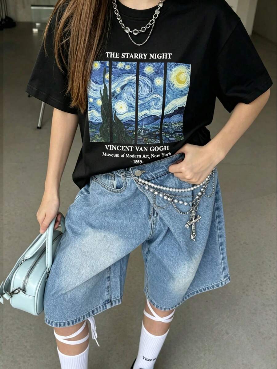 1件少女星形印花短袖T恤,舒适时尚的夏季上衣,适合年轻学生 - 黑色 - 查看 1