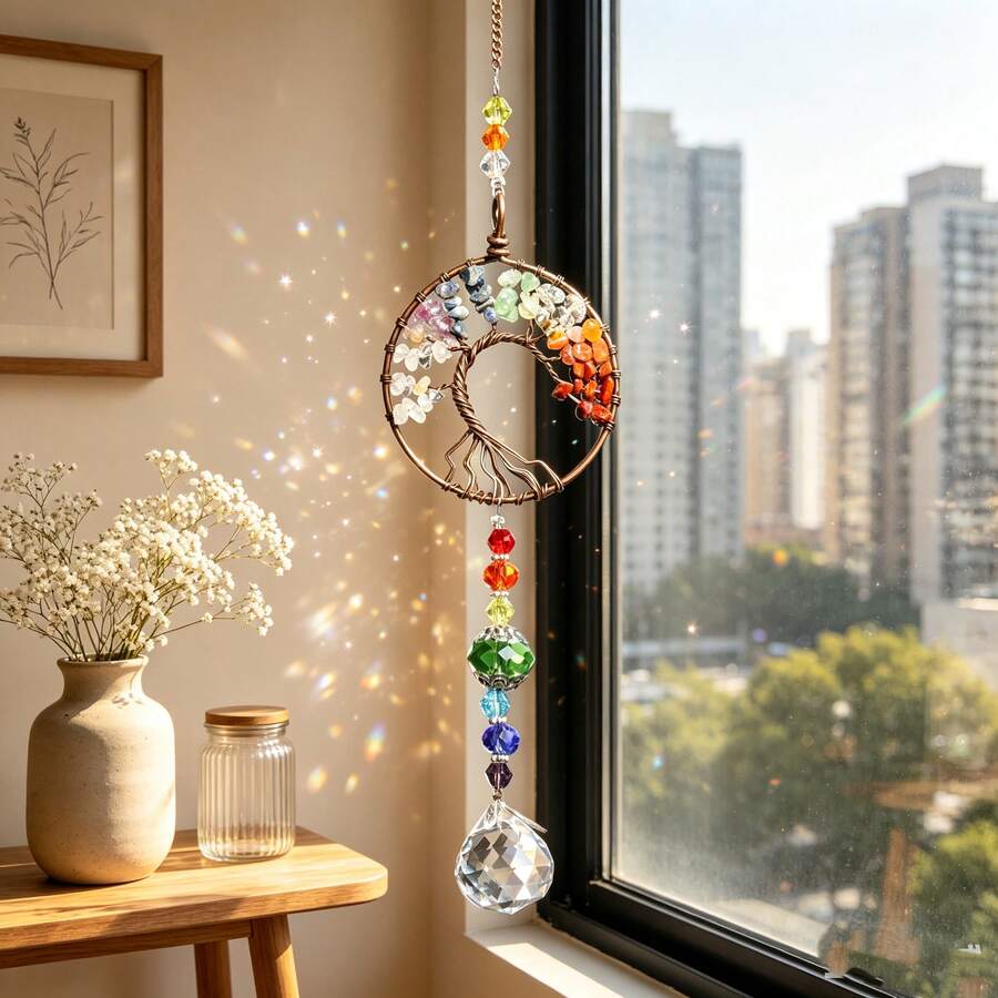 7 Colors Natural Stone Tree Of Life Crystal Hanging Ornament, Window Prism Home Wall Decor, Auto Rearview Mirror Pendant, Household Essential Hanging Decor Gift For Balcony Bedroom Car Interior - A - View 1