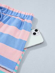 Boho Retro 90's Cotton Stripe Button Drop Shoulder Dolman Henley Top & Pants Shorts Set - 彩色 - 查看 8