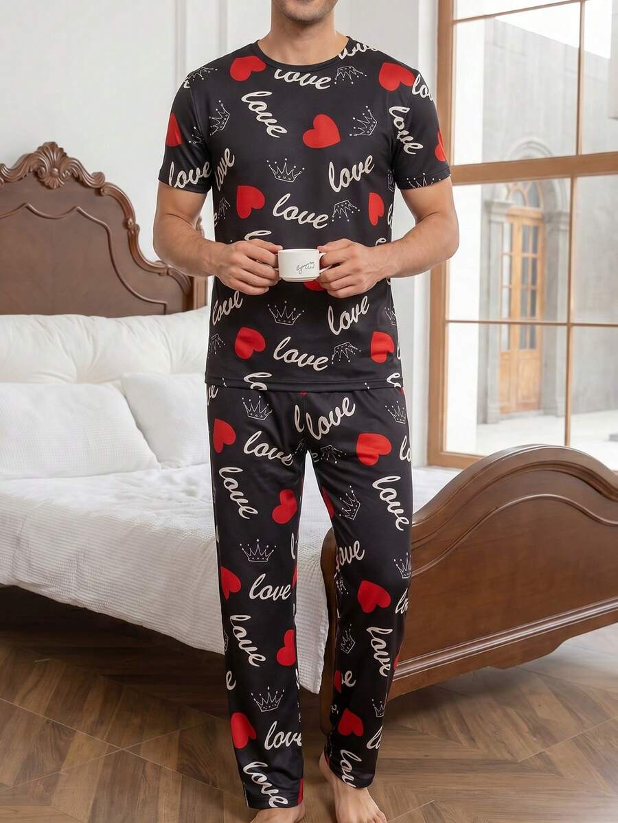 Men's Pajama Set, Heart Print Short Sleeve & Long Pants, Casual Loungewear 2 Pieces Set - Multicolor - View 1