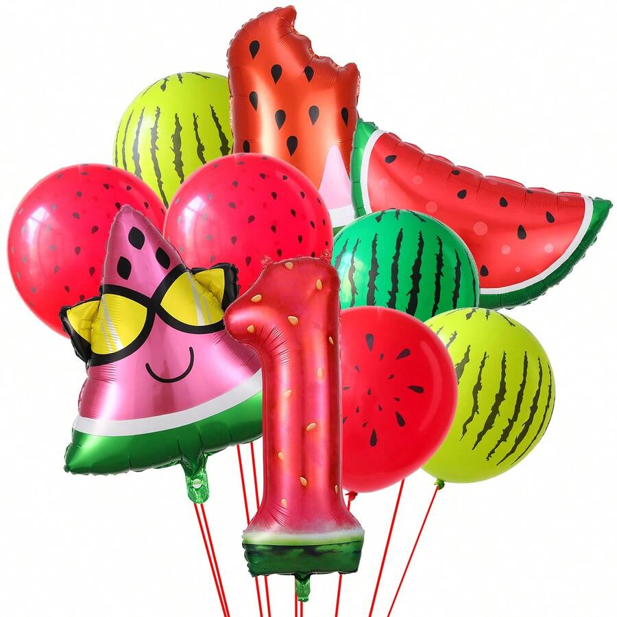 11pcs/Set Watermelon Number Balloons, Glasses, Sliced Watermelon, Popsicle, Realistic Latex Watermelon Balloons, 1st Birthday Party Decoration Balloons - Balloon - View 1