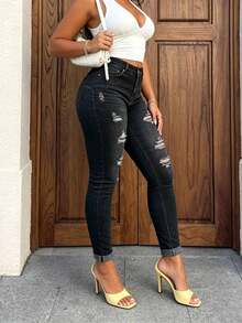 Women's Autumn Slim Fit Butt-Lifting Ripped Skinny Jeans - Black - View 2
