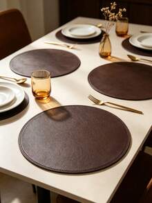 4pcs, Solid Color Round PU Leather Placemats, Table Mats, Washable Table Decor Mats, Non-Slip Durable Western Style Placemats, Odorless, Suitable For Restaurants, Cafes, Homestays, Fit For Holidays, Parties, Gatherings, Birthdays, Weddings, Dinner Parties. - Multicolor - View 1
