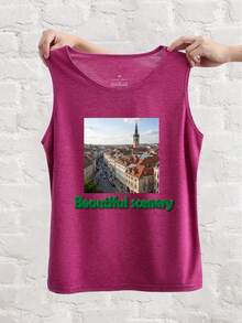 Camiseta de tirantes personalizada para mujer: Sube tu foto & añade tu texto personalizado, que se aplicará bellamente a tu diseño utilizando una técnica de flocado premium - Rojo - Ver 4