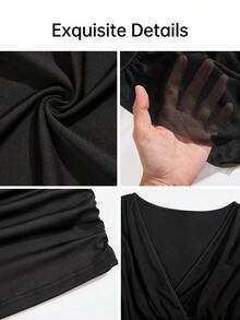 abyoxi Women's Black Mesh Patchwork, Criss-Cross V-Neck, Ruched Cinched Waist, Cap Sleeve Mini Dress, Sexy Elegant, Young Hot, Spicy Girl, Party, Date, Formal Dinner, Summer Fall Bodycon Short Dresses - Black - View 7