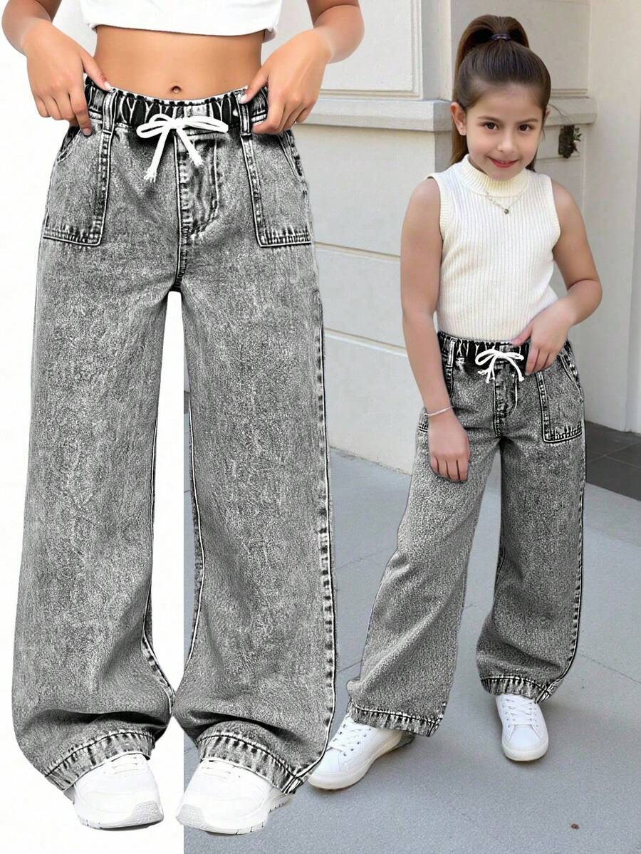 Celana Jeans Denim Longgar Kasual Model Lebar dengan Pinggang Elastis Warna Biru Muda untuk Balita, Cocok untuk Musim Gugur/Dingin - Grey - View 1