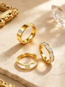 Set Cincin Wanita Stainless Steel Bertatahkan Elemen Daun Semanggi Elegan 3 Buah Satu Baris, Cocok untuk Kasual, Kencan, Berbagai Acara atau Hadiah Liburan untuk Teman - WD008JZ-8+JM757JZ-8+FSY034JZ-8 - View 7
