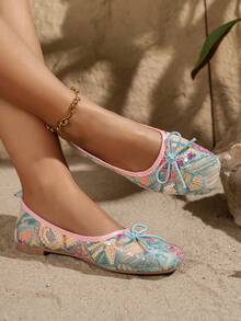 New Chinese Style Colorful Sequined Lace Square-Toe Flat Shoes For Women With Bow, Breathable And Retro Style, Perfect For Summer.,Ballet Flats - Multicolor - View 9