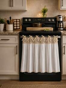 1pc Japanese Style Striped Ruffle Half Curtain, No-Drill Tie-Up Sink Curtain, Kitchen Cabinet Decorative Cover Cloth (Size 76*54cm) - Beige Square Patchwork - View 2