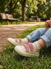 Infant Beige Canvas Casual Shoes, Pink Double Hook & Loop Fastener, Round Toe Flat Sole Versatile Style, Suitable For Daily Outdoor Activities/School Wear - Pink - View 3